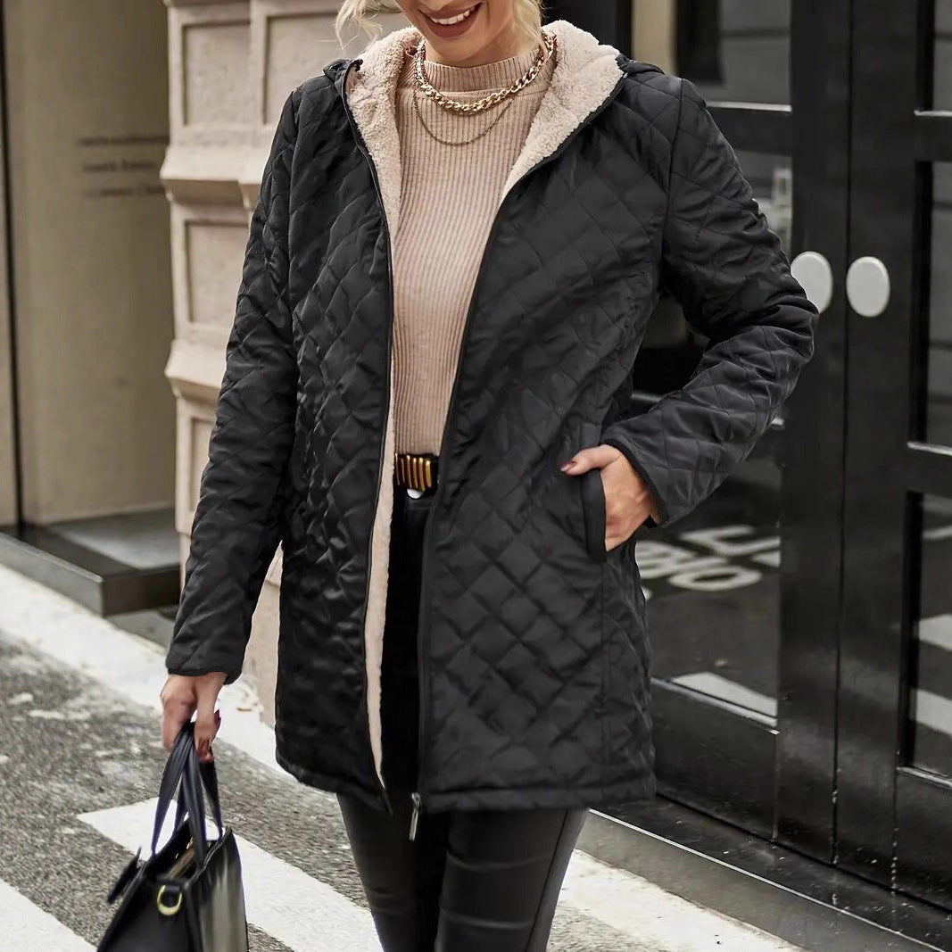 Josephine quilted puffer jacket worn open, walking street style shot