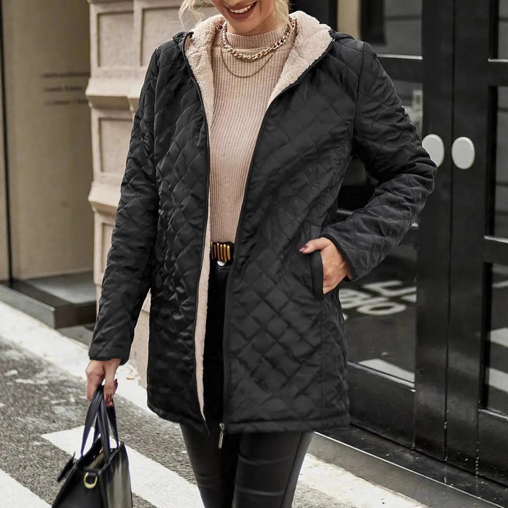 Josephine quilted puffer jacket worn open, walking street style shot