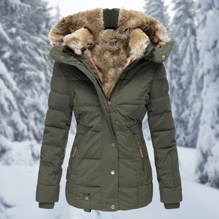 Josephine faux fur hooded puffer jacket, front view khaki