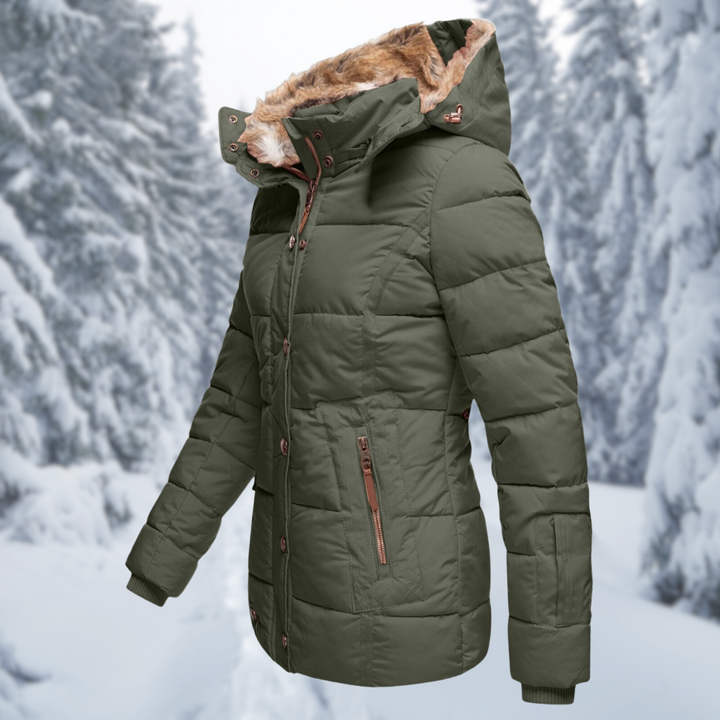 Josephine puffer jacket, side profile view khaki