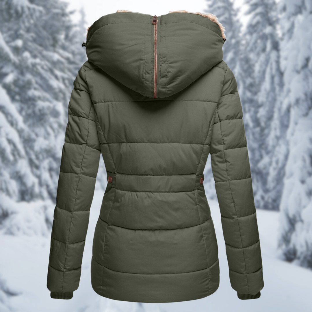 Josephine puffer jacket, back view khaki