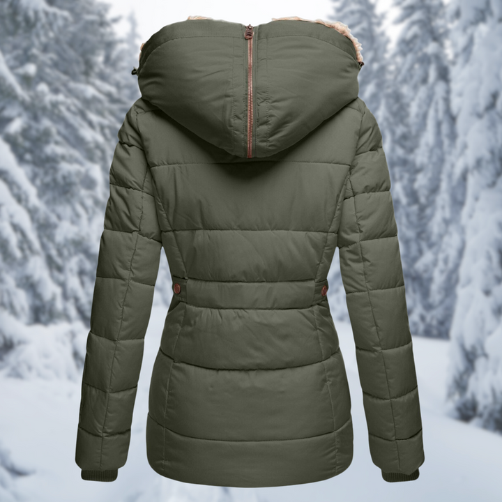 Josephine puffer jacket, back view khaki