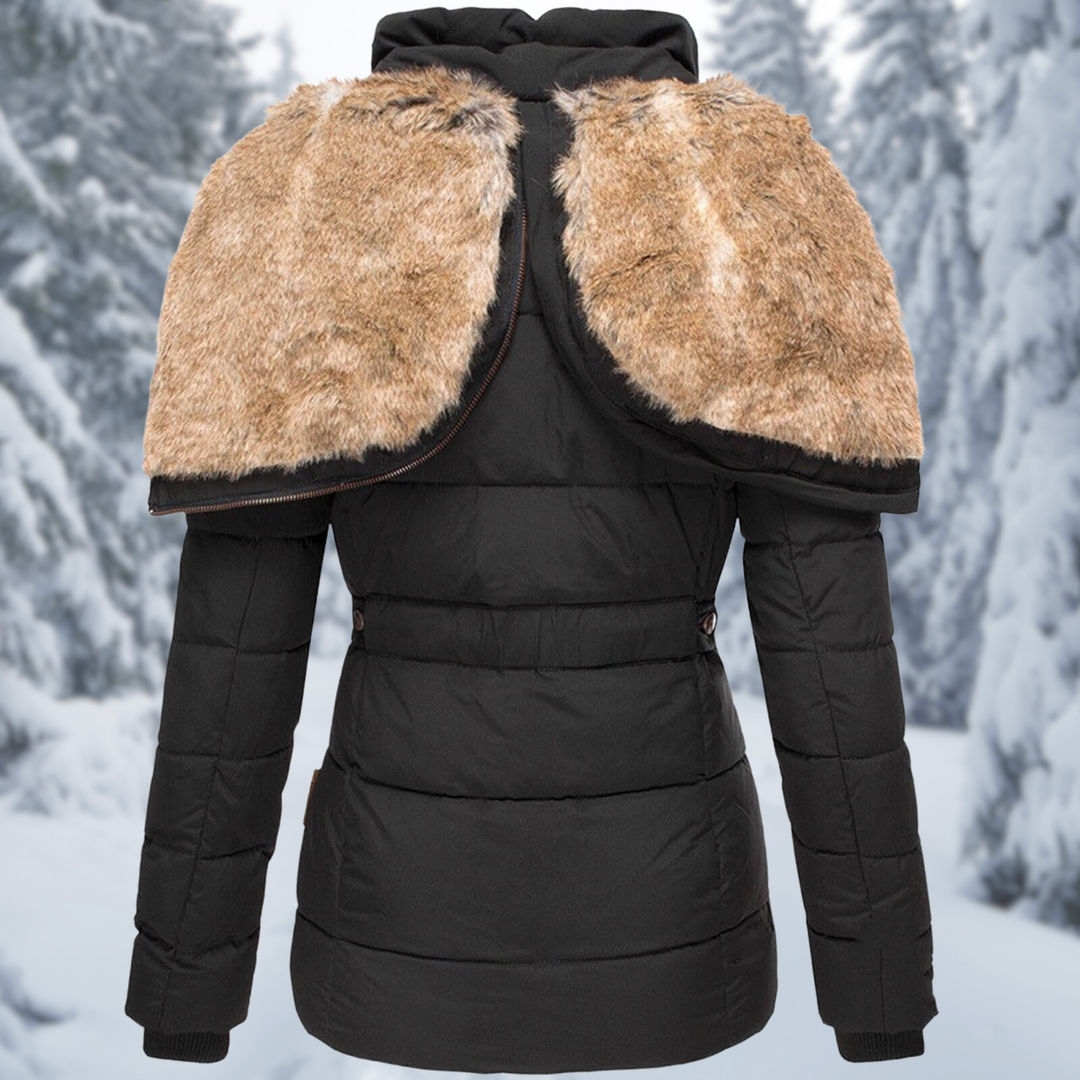 Josephine puffer jacket with fur hood down, back view black