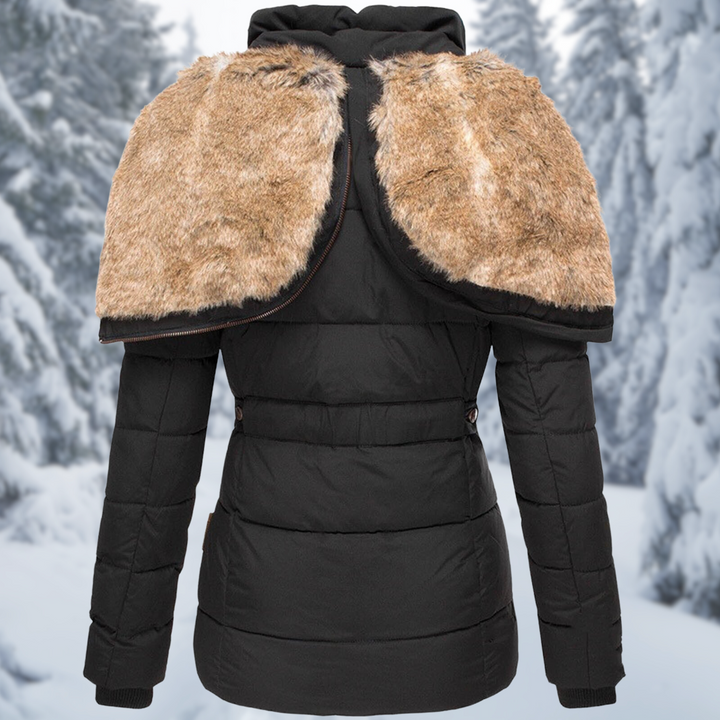 Josephine puffer jacket with fur hood down, back view black