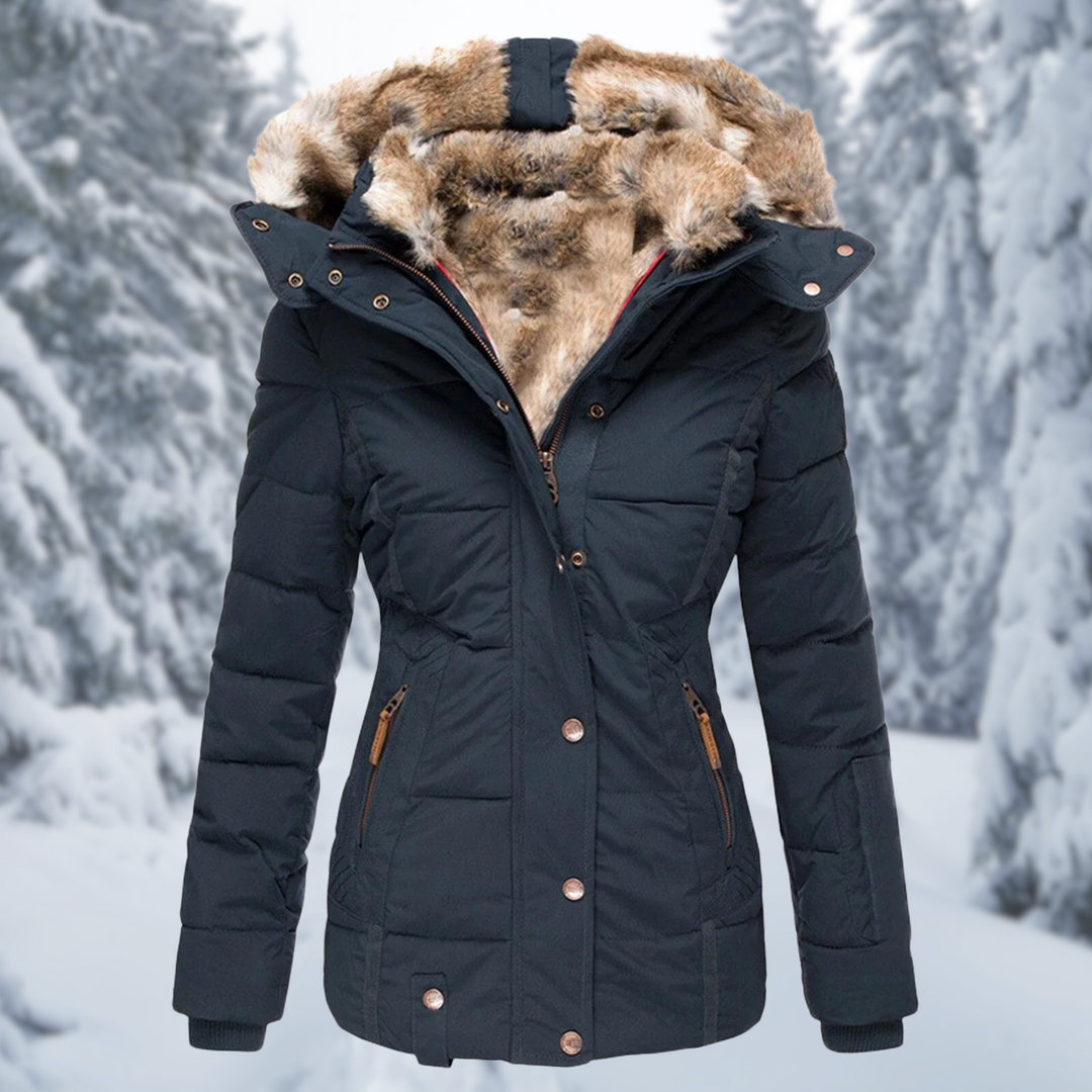Josephine faux fur hooded puffer jacket, front view black