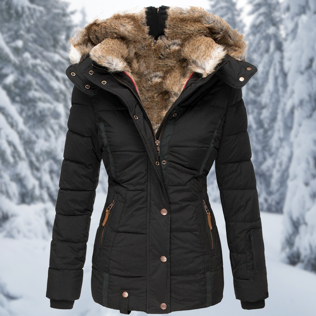 Josephine faux fur hooded puffer jacket, front view black
