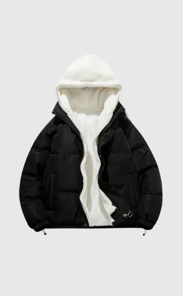 Josephine hooded puffer jacket in black with fleece lining, front view open