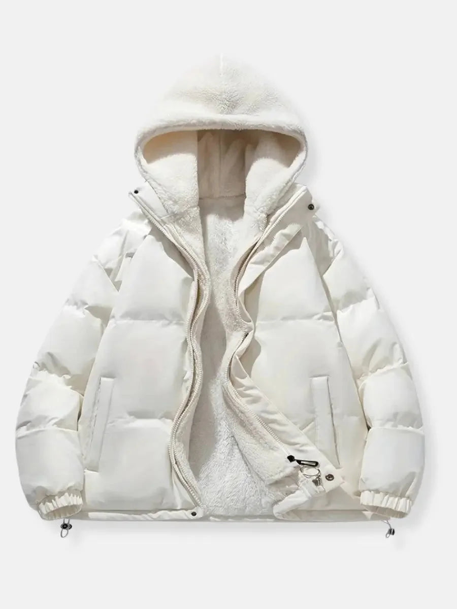 Josephine hooded puffer jacket in white, front view open
