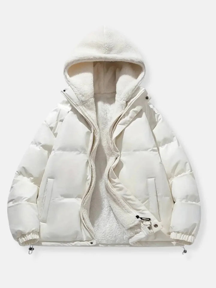 Josephine hooded puffer jacket in white, front view open