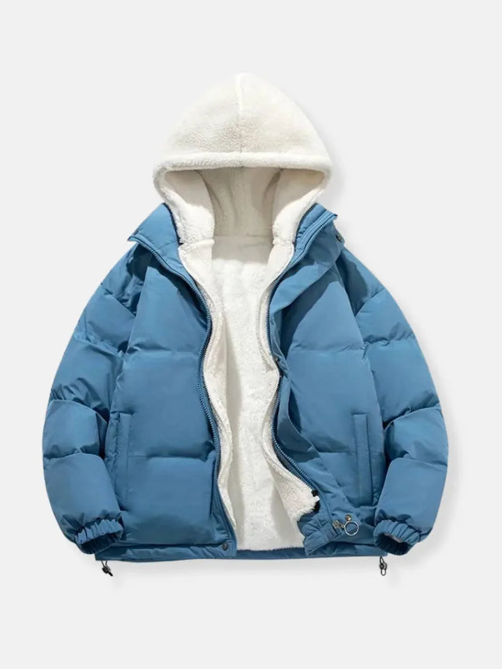 Josephine hooded puffer jacket in blue, front view open