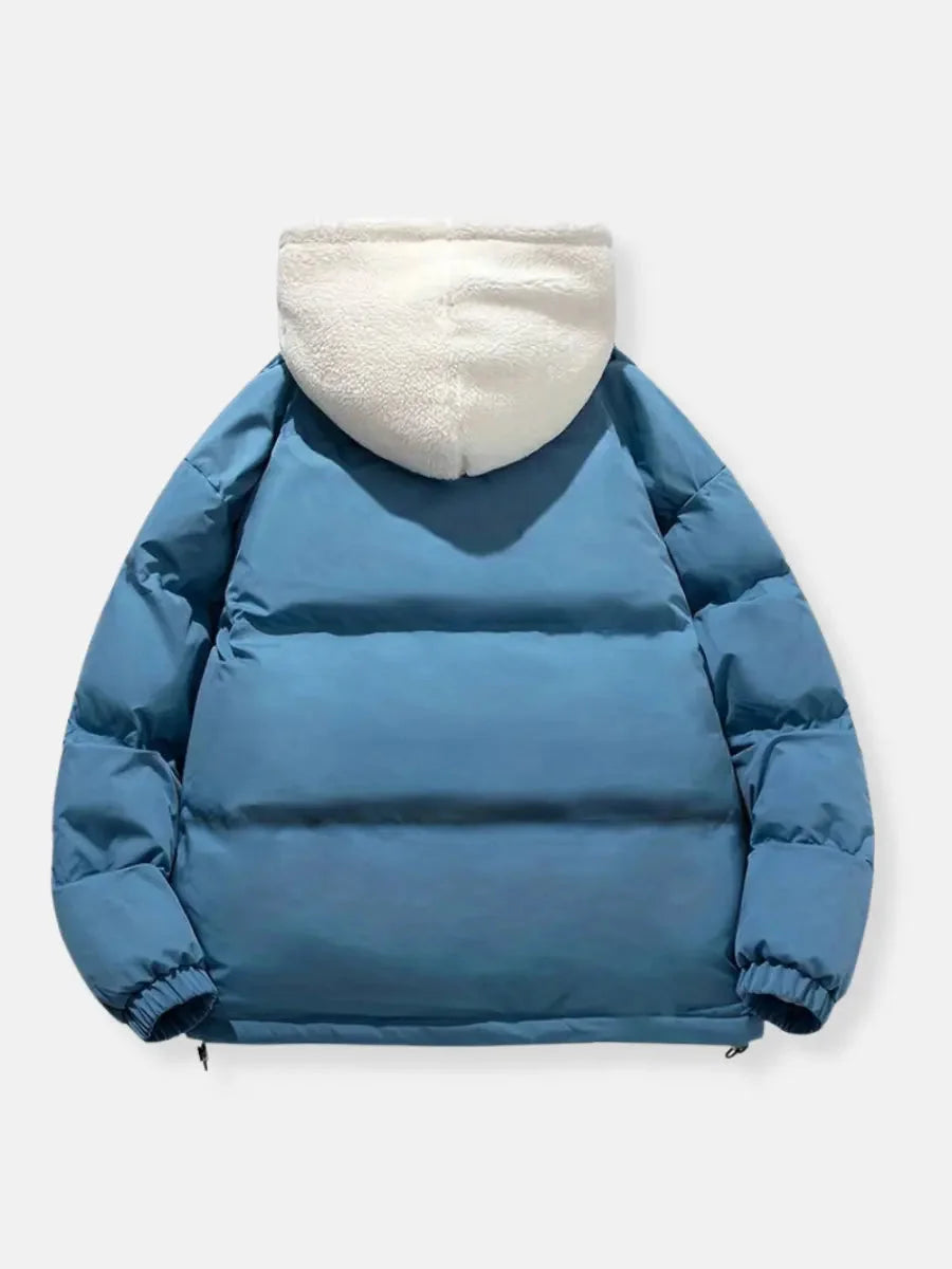 Josephine hooded puffer jacket in blue, back view