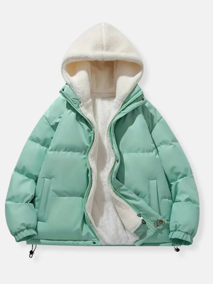 Josephine hooded puffer jacket in mint green, front view open