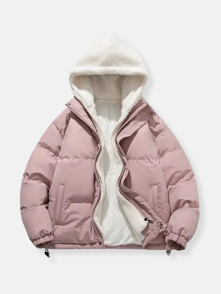 Josephine hooded puffer jacket in pink, front view open