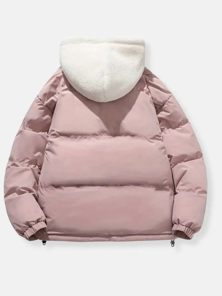 Josephine hooded puffer jacket in pink, back view