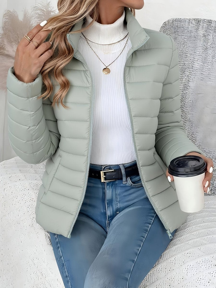 Josephine sage green quilted puffer jacket with stand collar, front view