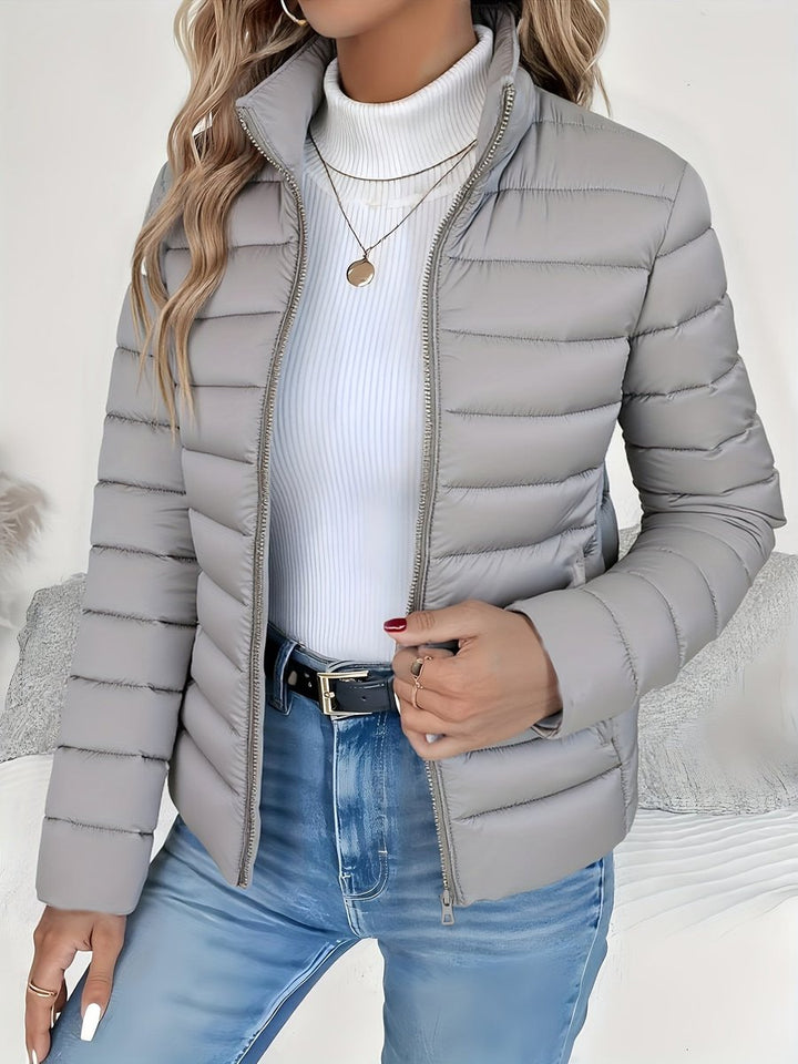 Josephine grey quilted puffer jacket close-up, front view