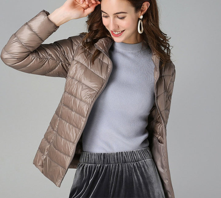 Josephine quilted puffer jacket styled with jumper and skirt