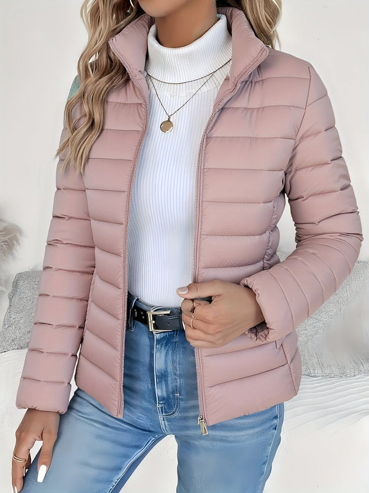Josephine pink quilted puffer jacket with stand collar, front view