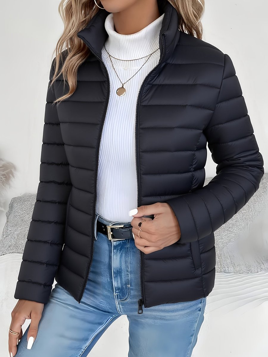 Josephine black quilted puffer jacket with stand collar, front view
