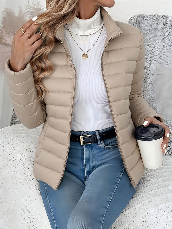 Josephine beige quilted puffer jacket with stand collar, front view