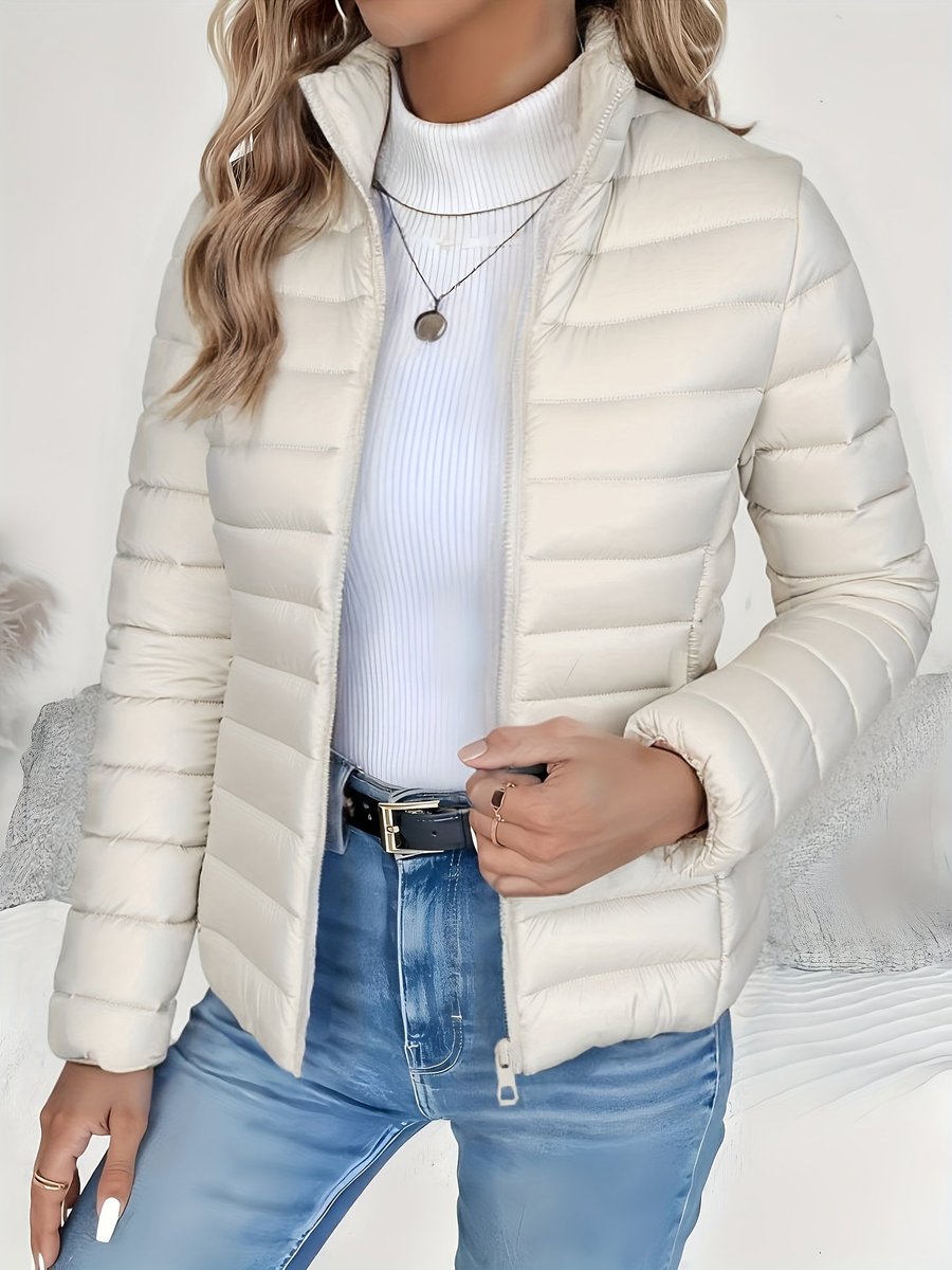 Josephine cream quilted puffer jacket with stand collar, front view