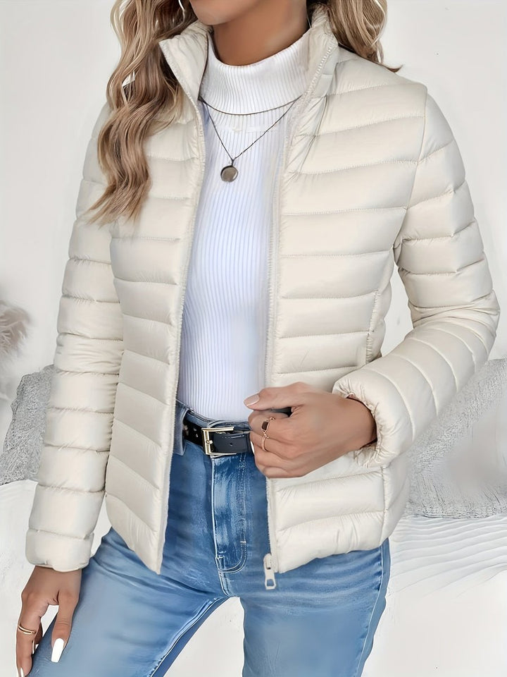 Josephine cream quilted puffer jacket with stand collar, front view