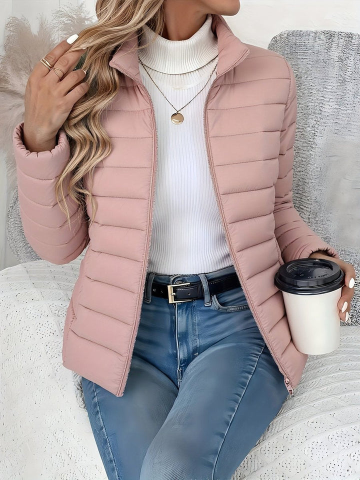 Josephine pink quilted puffer jacket close-up, front view