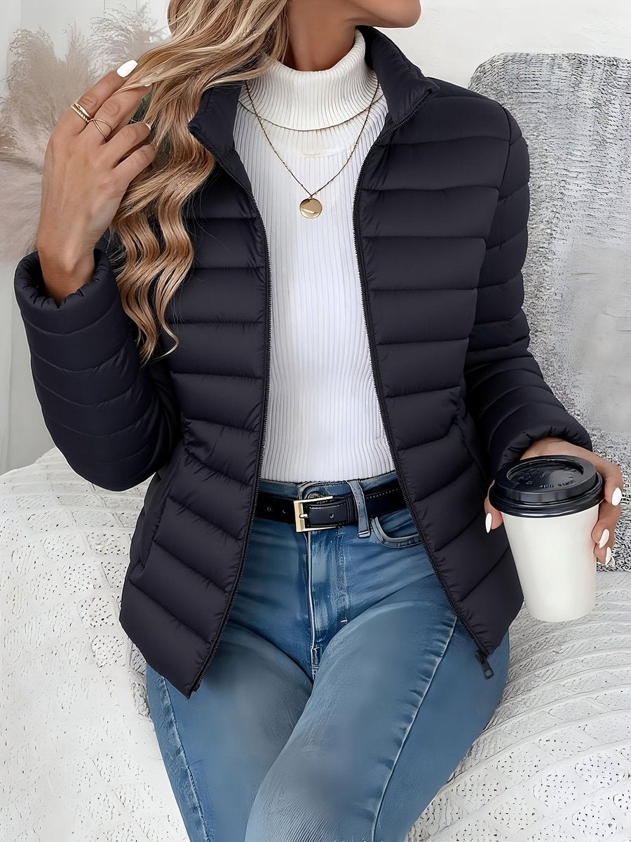 Josephine black quilted puffer jacket close-up, front view