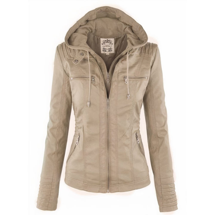 Katharina biker leather jacket in beige with adjustable drawstring hood