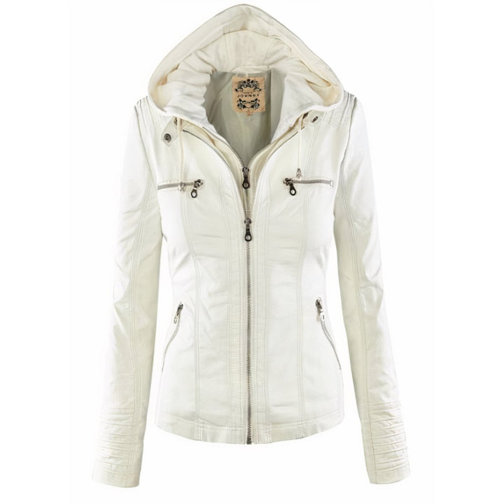 Katharina biker leather jacket in white with press-stud collar, front view