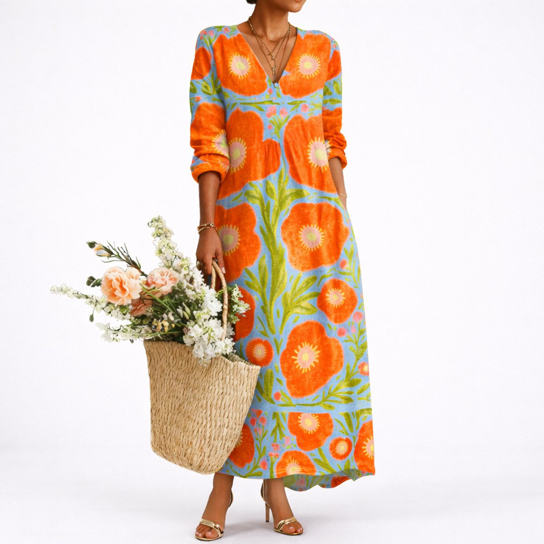 Lena floral V-neck long sleeve maxi dress, front view with straw basket and flowers