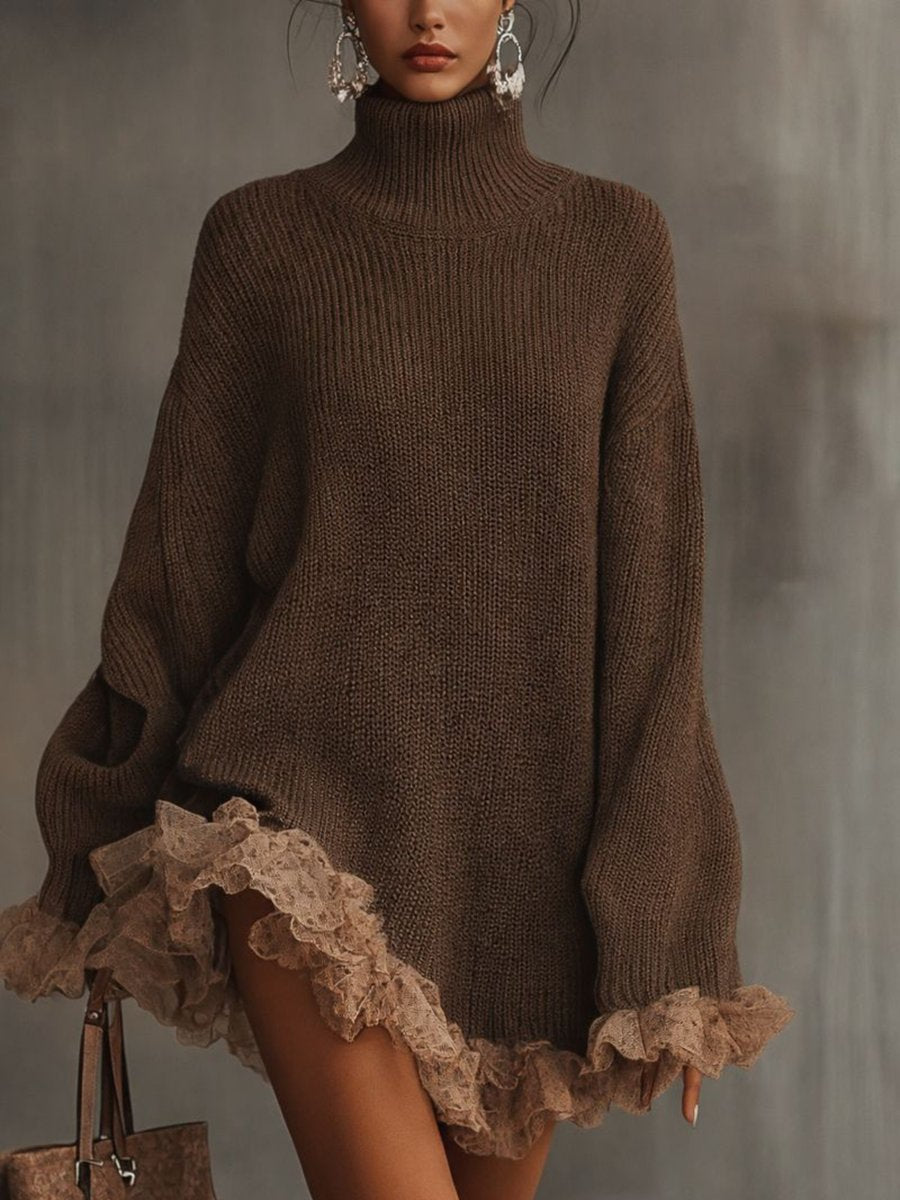Leonie oversized turtleneck knit dress with lace ruffle hem, front view