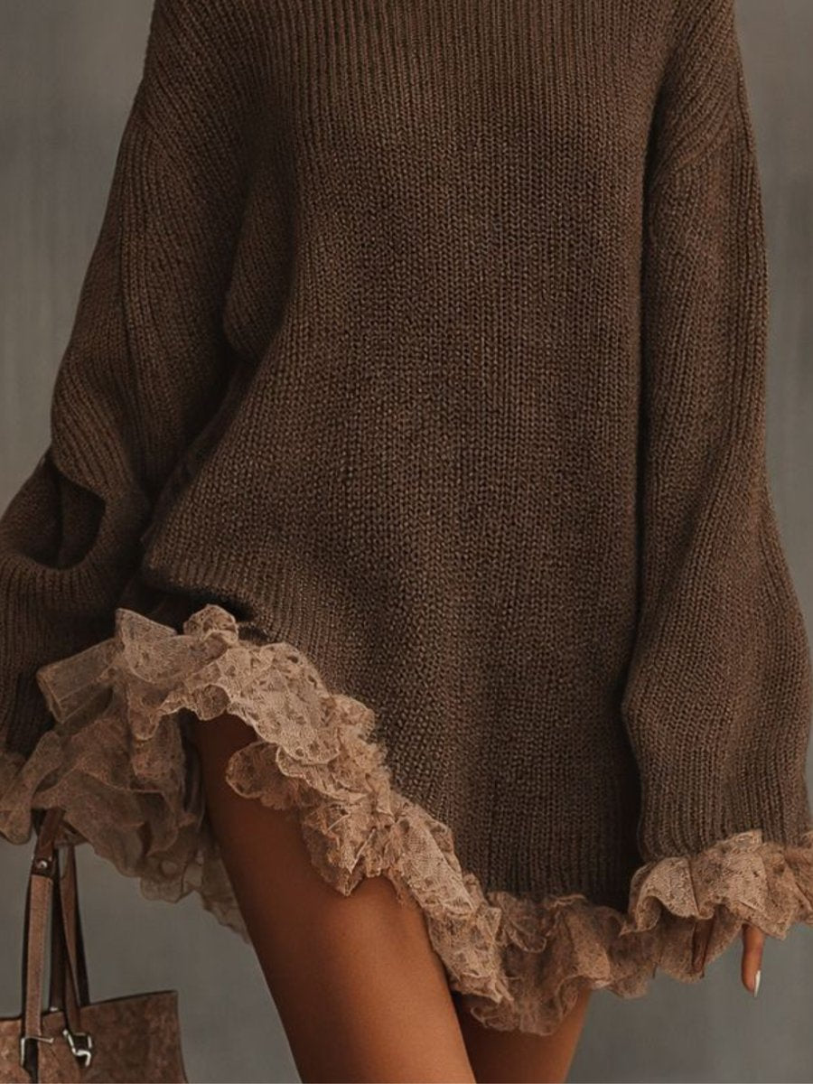 Close-up of lace ruffle trim on Leonie knit dress sleeve and hem