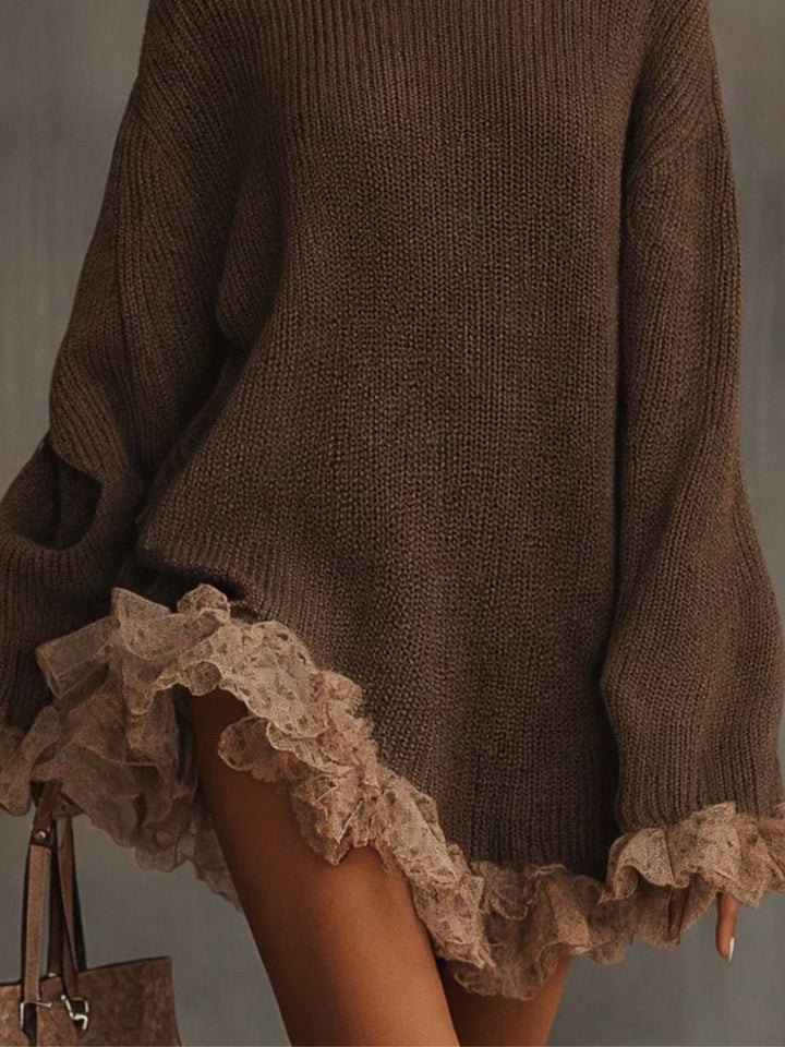 Close-up of lace ruffle trim on Leonie knit dress sleeve and hem