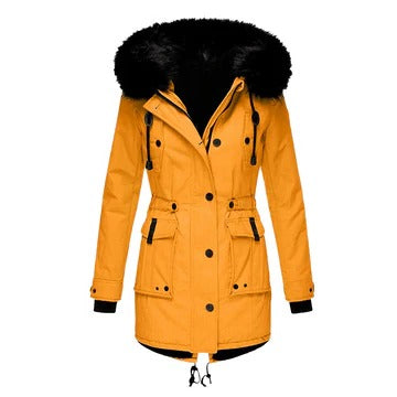 Marguerite faux fur hood parka coat in mustard yellow, front view