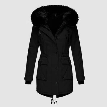 Marguerite faux fur hood parka coat in black, front view