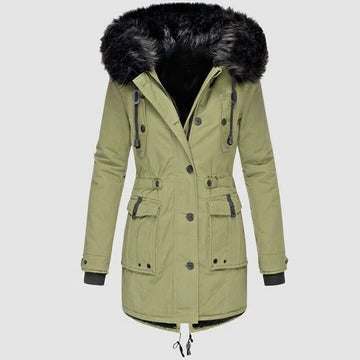 Marguerite faux fur hood parka coat in olive green, front view
