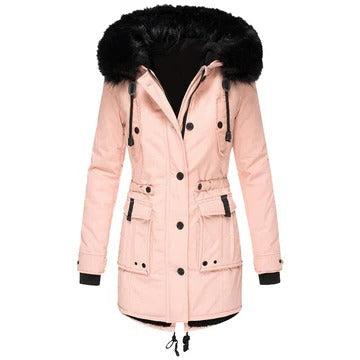 Marguerite faux fur hood parka coat in pink, front view