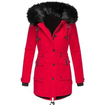 Marguerite faux fur hood parka coat in red, front view