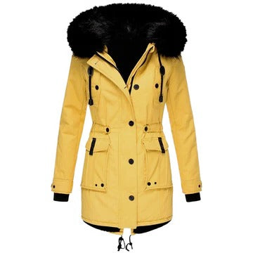 Marguerite faux fur hood parka coat in mustard yellow, side angle view