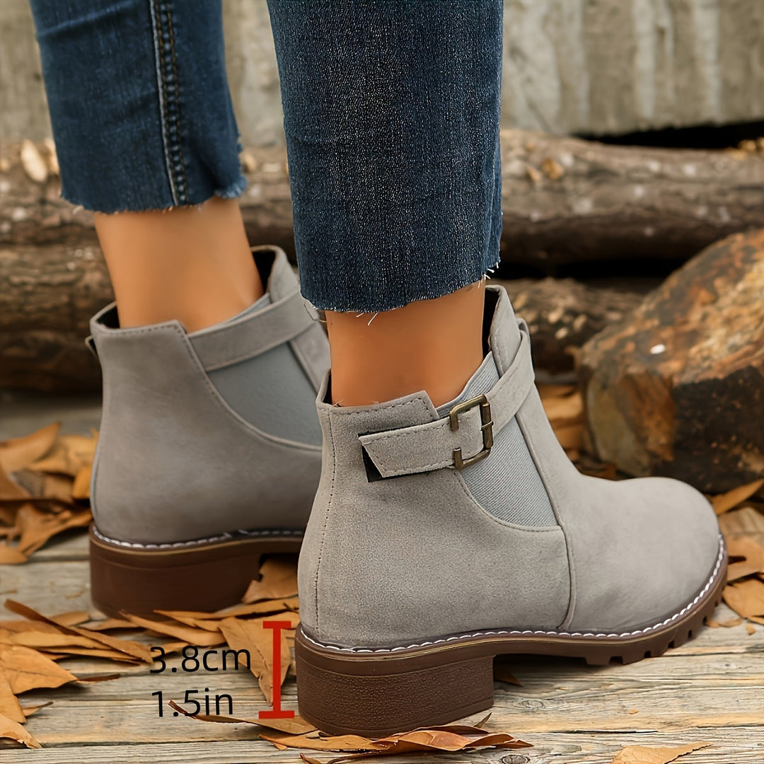 Marigold buckle strap Chelsea boots in grey, heel detail with height measurement