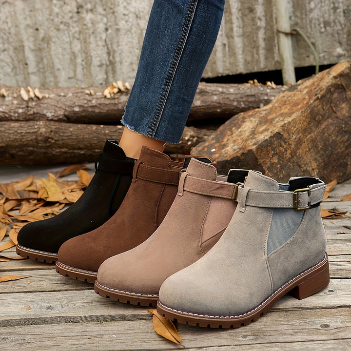 Marigold Chelsea boots shown in four colourways: black, brown, taupe and grey
