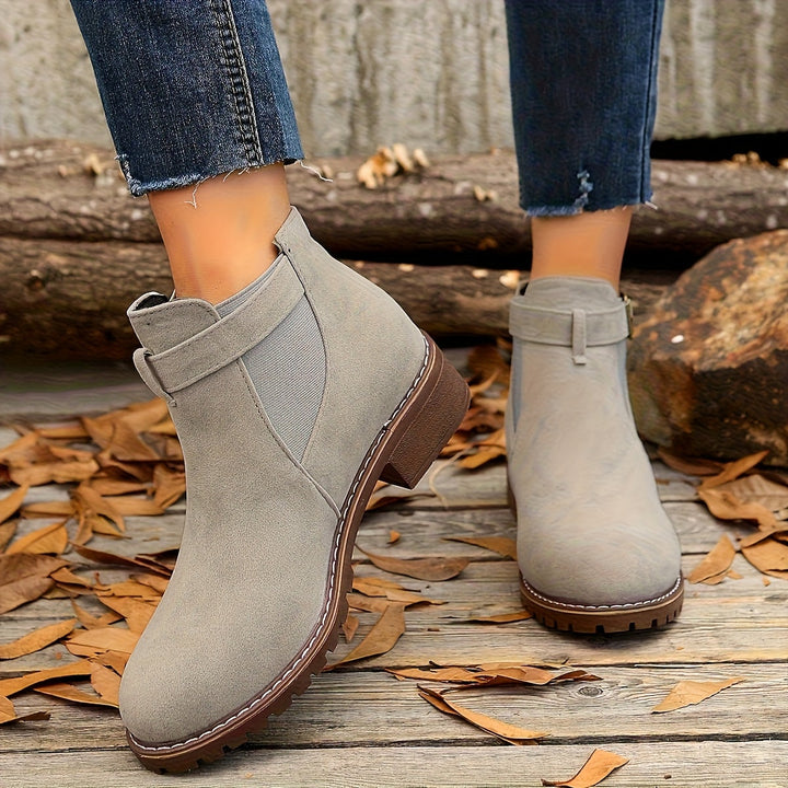 Marigold buckle strap Chelsea boots in grey, front and back view