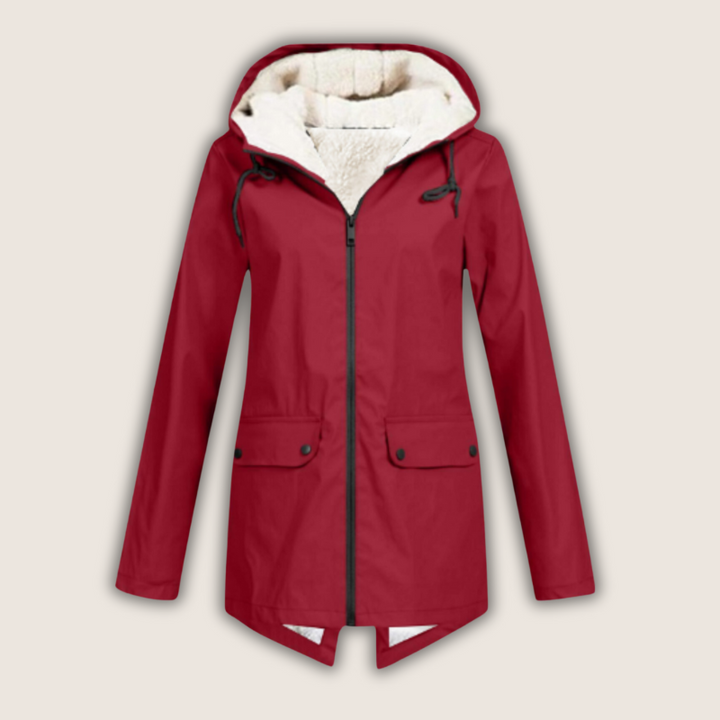 Matilda hooded fleece lined rain jacket in burgundy, front view