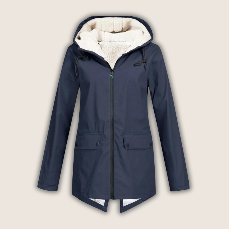 Matilda hooded fleece lined rain jacket in navy, front view