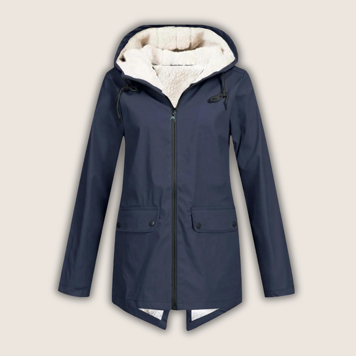 Matilda hooded fleece lined rain jacket in navy, front view