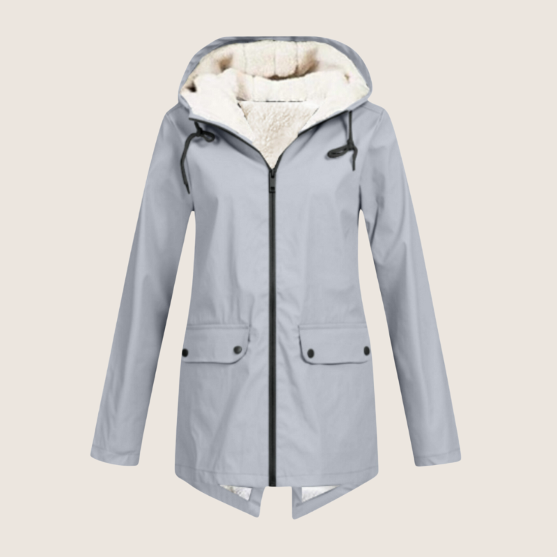 Matilda hooded fleece lined rain jacket in grey, front view
