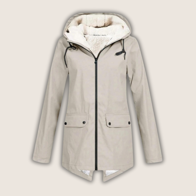 Matilda hooded fleece lined rain jacket in beige, front view