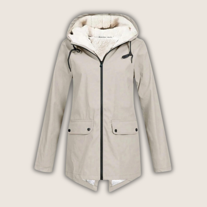 Matilda hooded fleece lined rain jacket in beige, front view