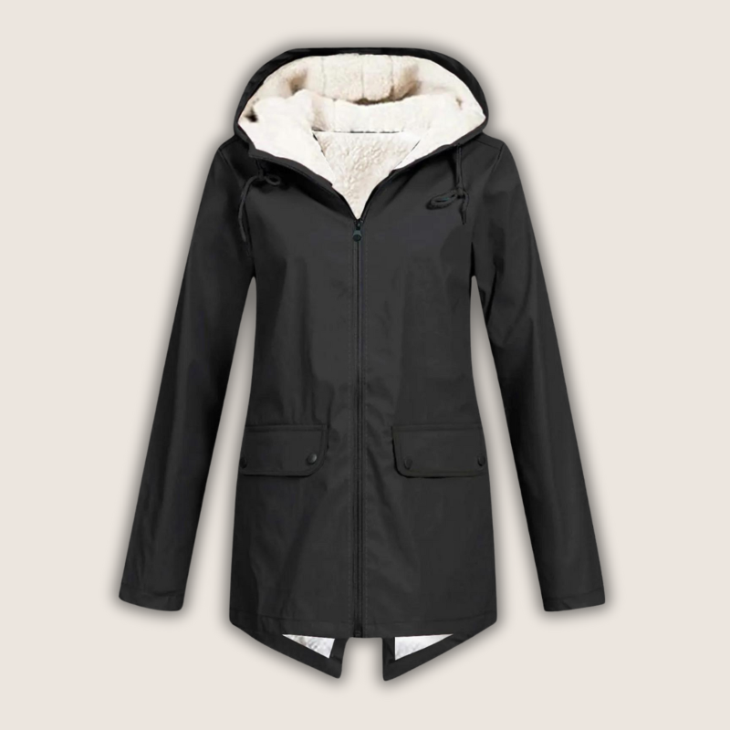 Matilda hooded fleece lined rain jacket in black, front view